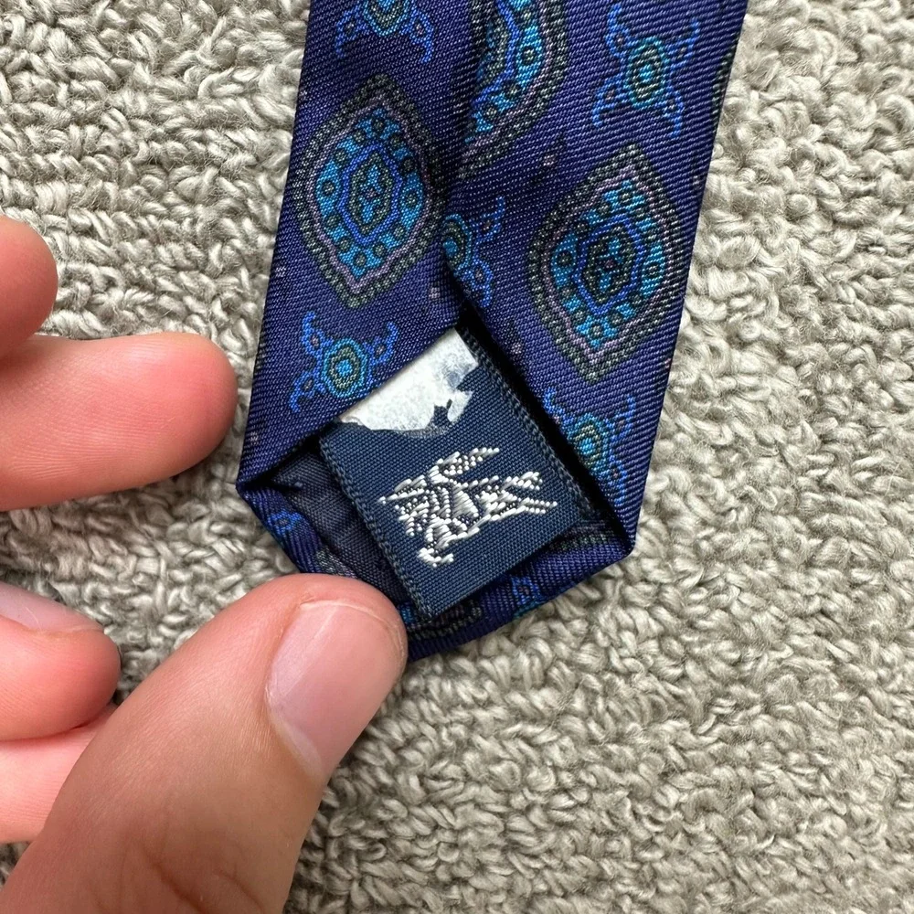 Burberrys of London Silk Tie Navy Blue Medallion Geometric Hand Sewn Vintage